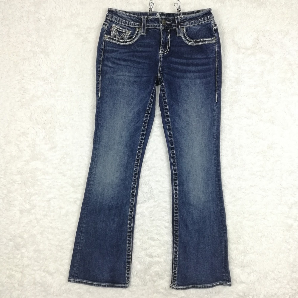 Vigoss Womens Jeans Dublin Boot Cut Blue Denim Embroidered Whiskering Low 3 4